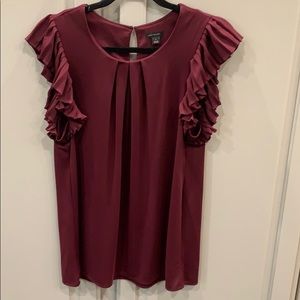 NWOT Ann Taylor Blouse Ruffle Cap Sleeve Wine